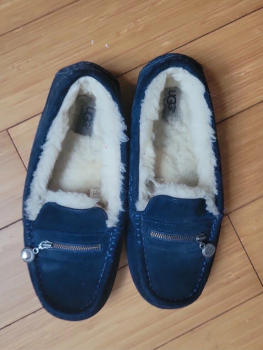 UGG Navy Suede Shearling-Lined Slip-On Moccasins Size 7